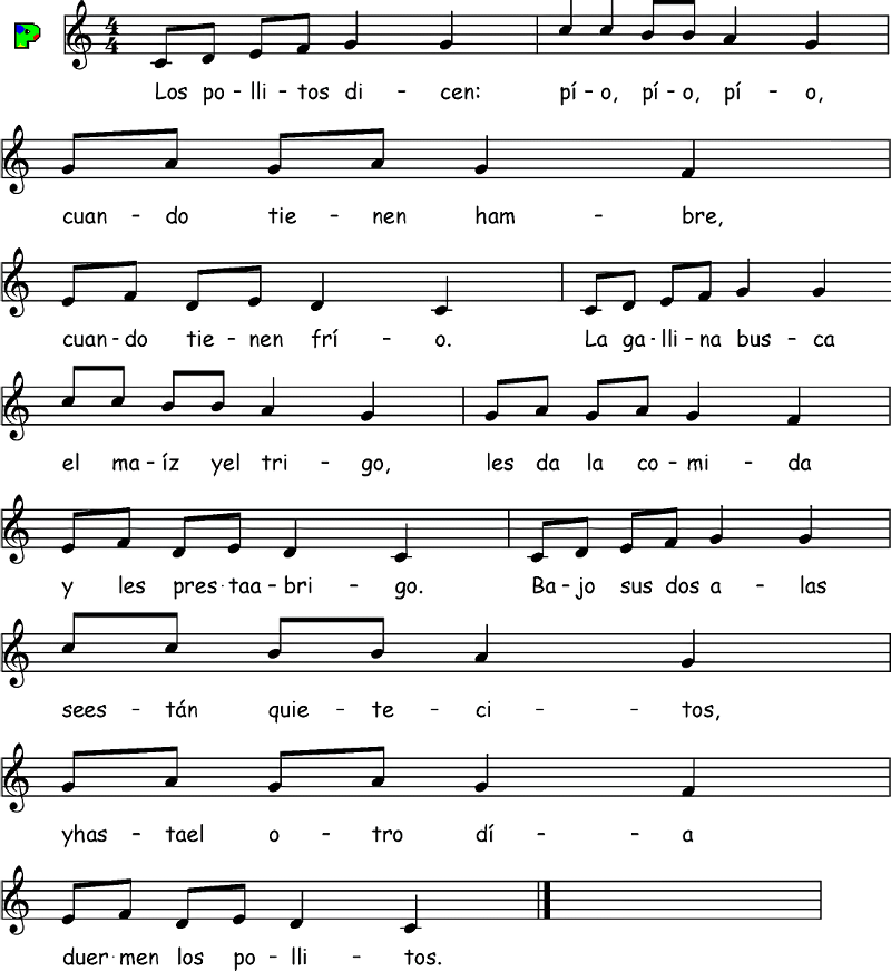 Partitura fácil para piano  de la canción Los Pollitos