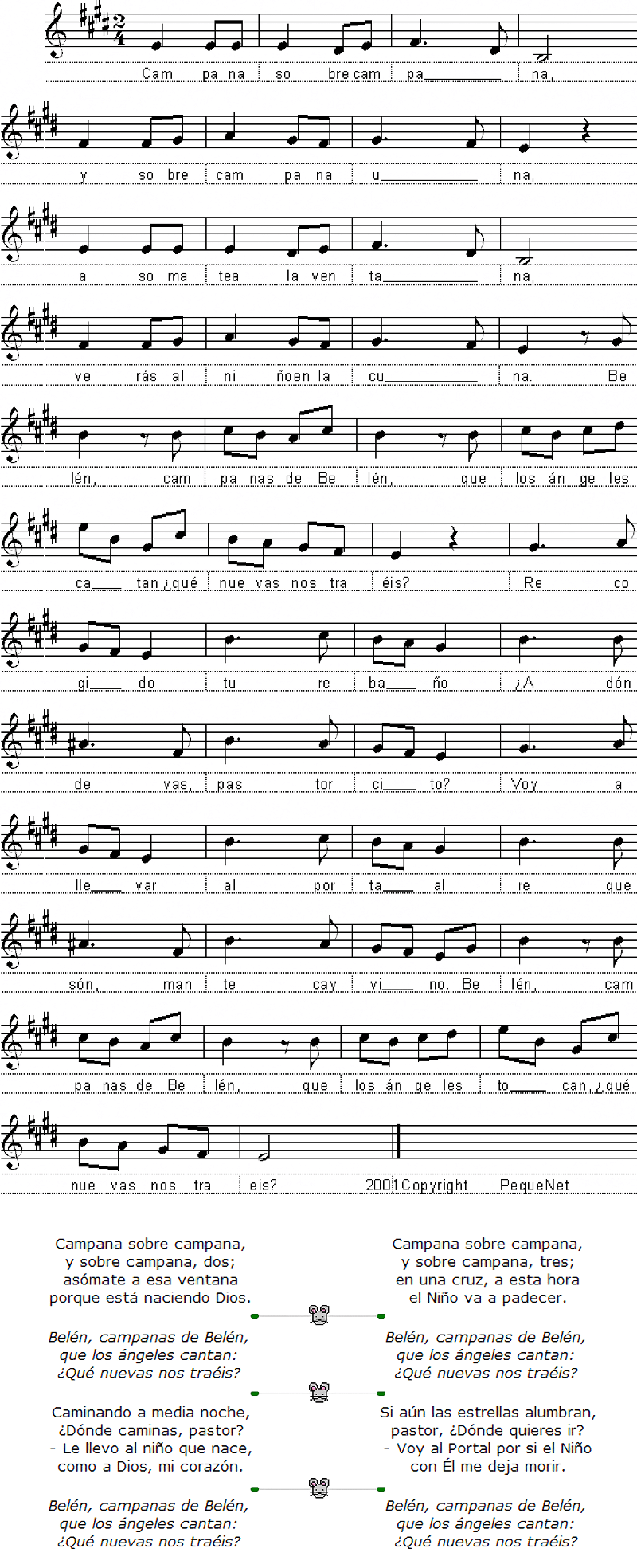 Partitura fácil para piano  de la canción Campana sobre campana